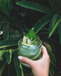 Bespoke hand-blown glassware holding green cocktail nestled among lush jungle plants