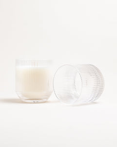 Empty ripple glass tumbler with candle refill — reusable crystal glassware designed for Spring Collection refill candles.