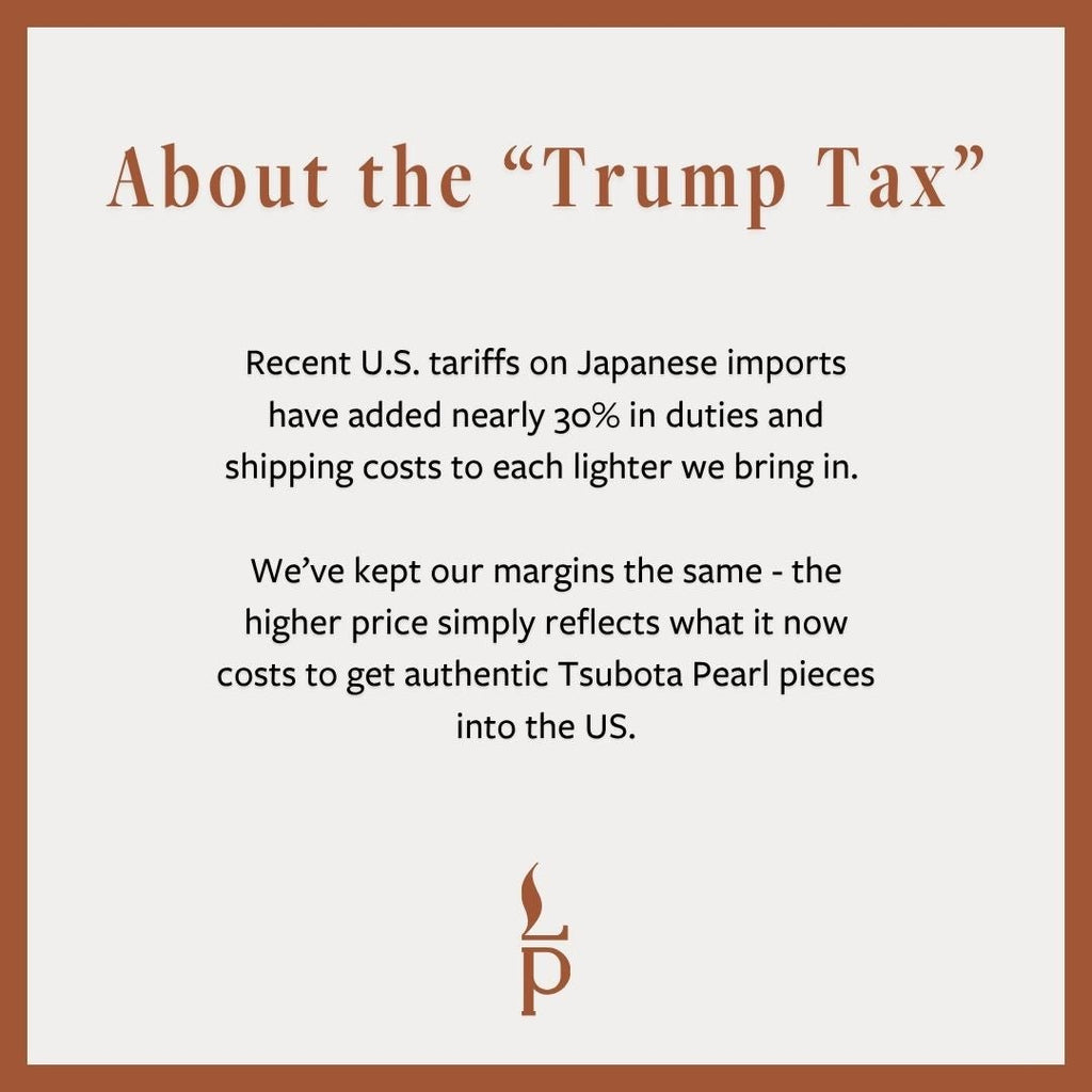 Text about U.S. tariffs on Japanese imports and their impact on lighter pricing, with a brand logo at the bottom.