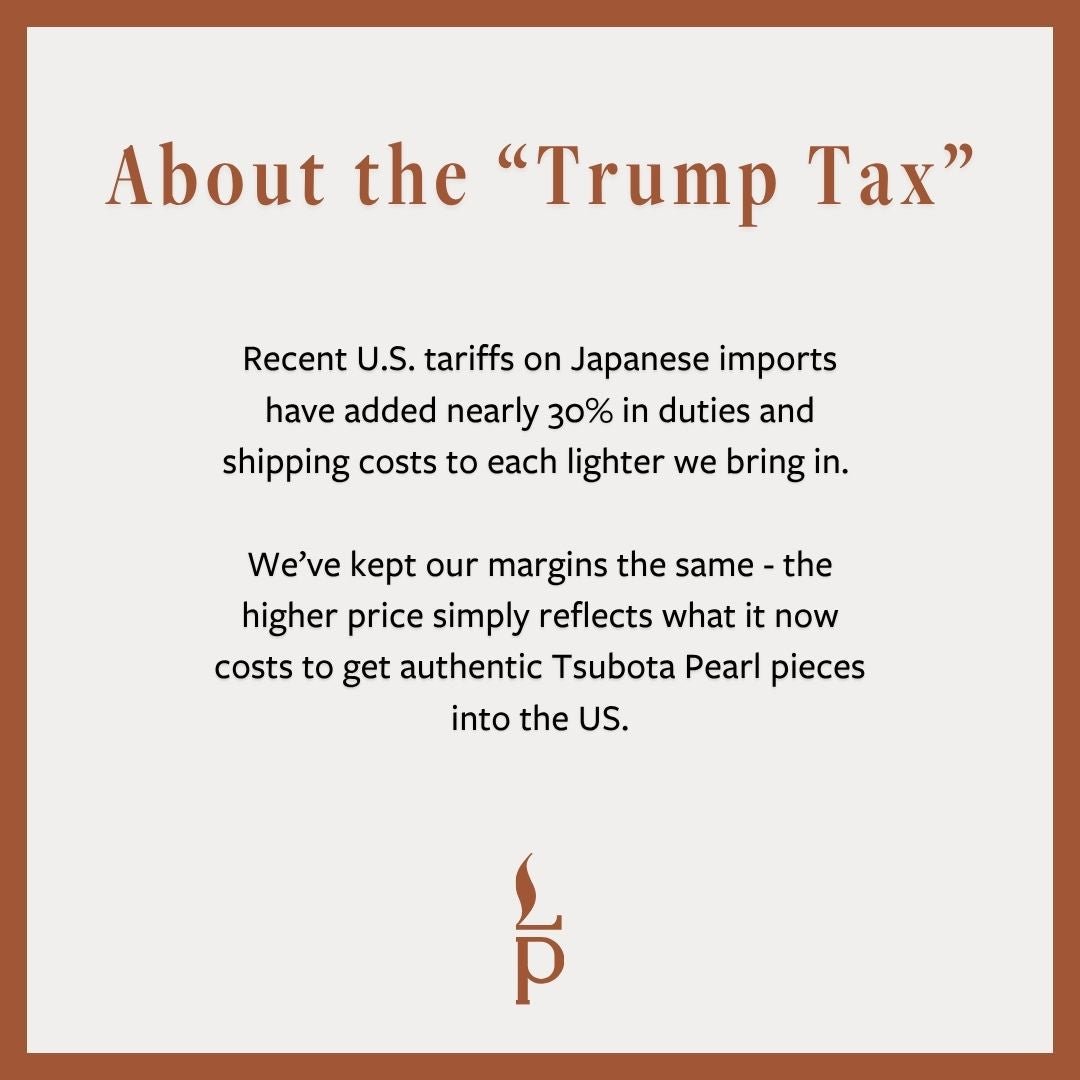 Text about U.S. tariffs on Japanese imports and their impact on lighter pricing, with a brand logo at the bottom.