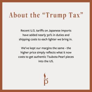 Text about U.S. tariffs on Japanese imports and their impact on lighter pricing, with a brand logo at the bottom.
