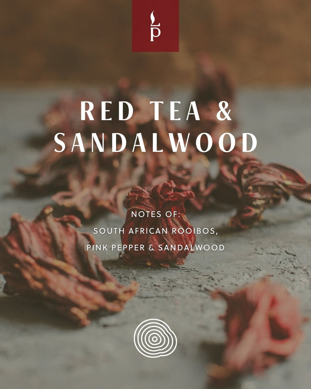 Red Tea & Sandalwood winter sample tin label with dried botanicals.