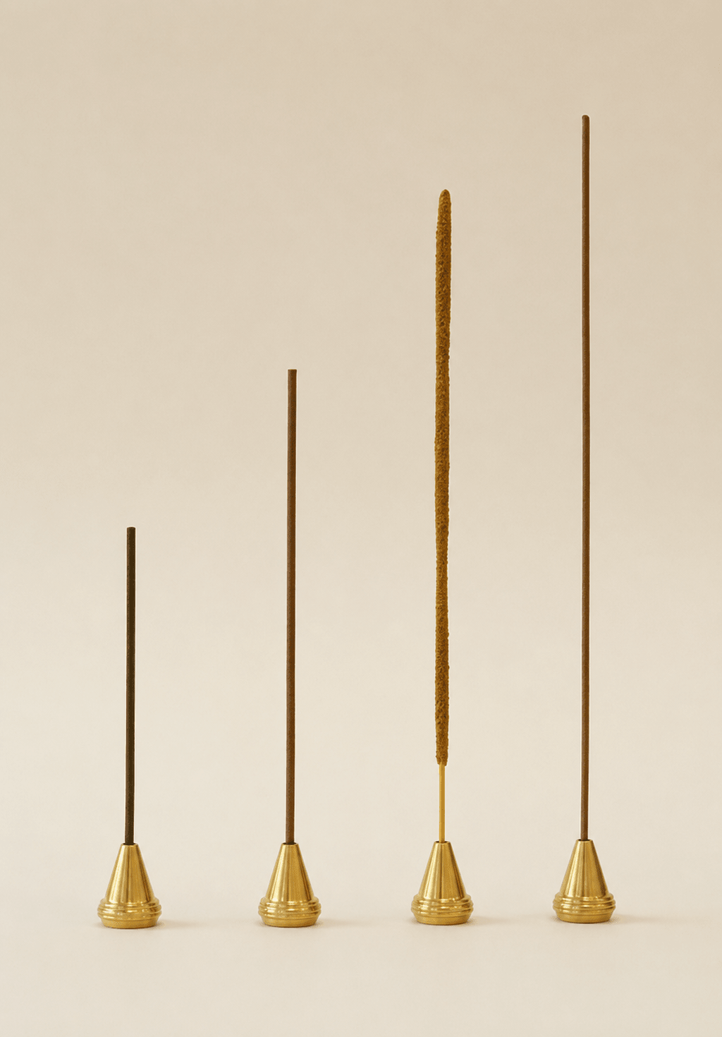 Brass incense holders with different stick incense sizes including Japanese coreless and bamboo-core incense