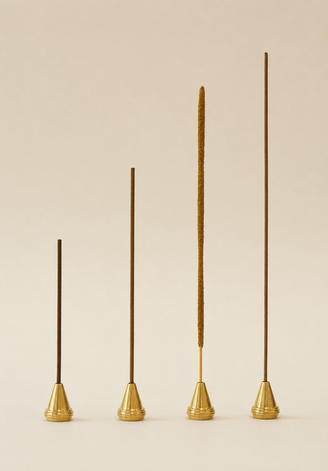 Brass incense holders with different stick incense sizes including Japanese coreless and bamboo-core incense
