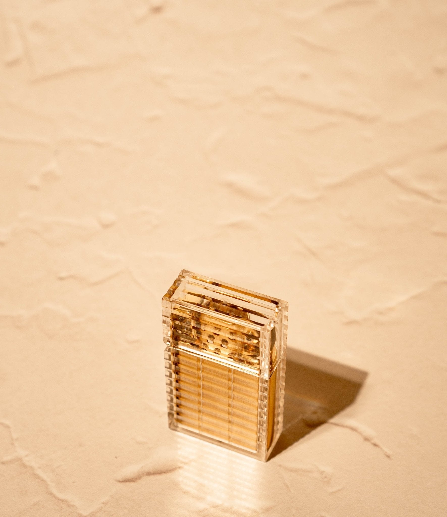 Latitude Hard-edge Lighter by Tsubota Pearl clear ridged-cut with gold brass interior and box, made in Japan